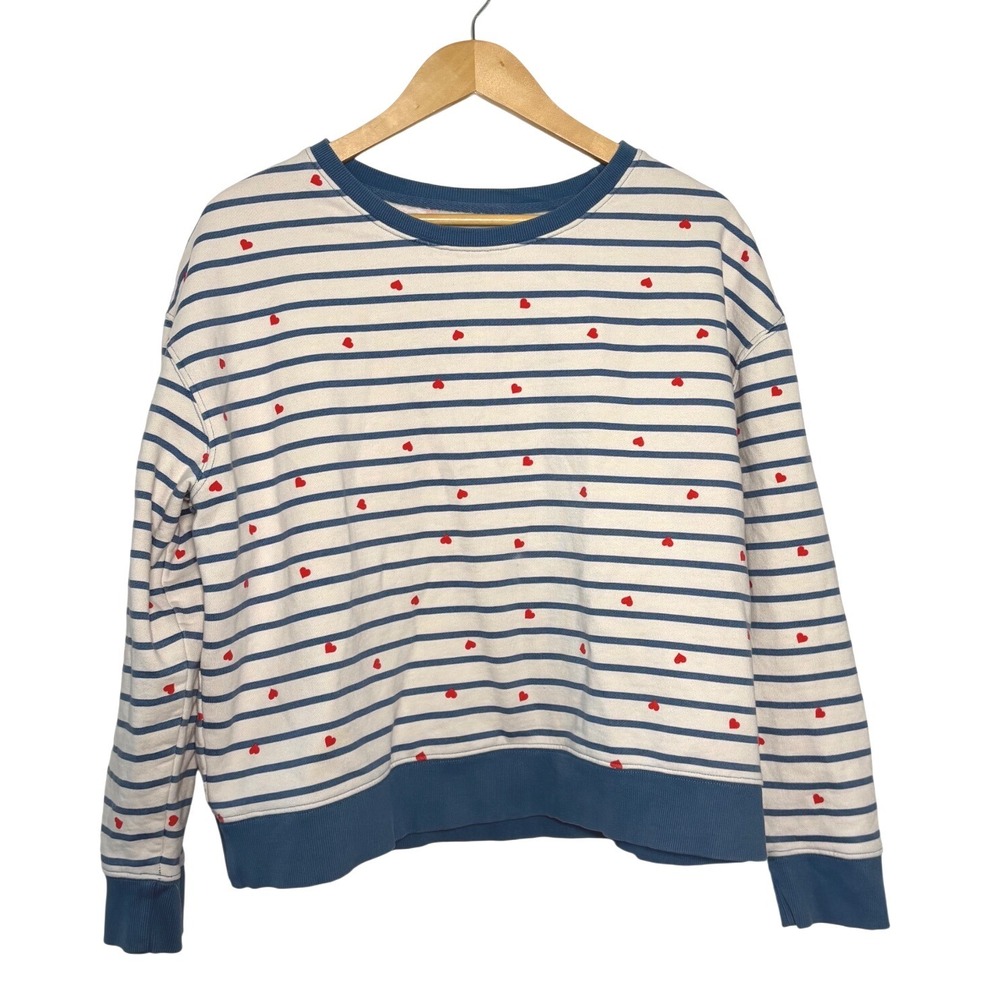 Pact Sweatshirt Blue White Striped Heart Organic Cotton Pullover XL